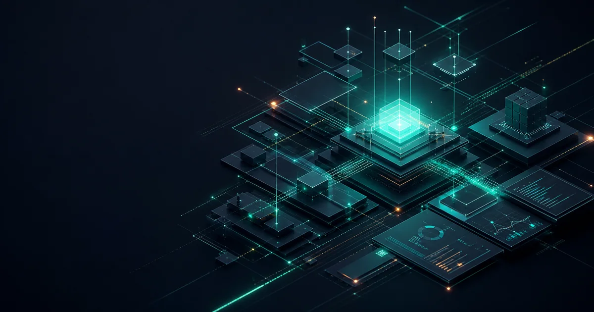 Arquitectura digital abstracta con nodos, telemetría y un núcleo de plataforma